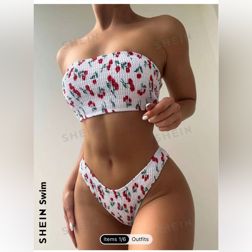 SHEIN Strapless cherry print cheeky thong bikini
